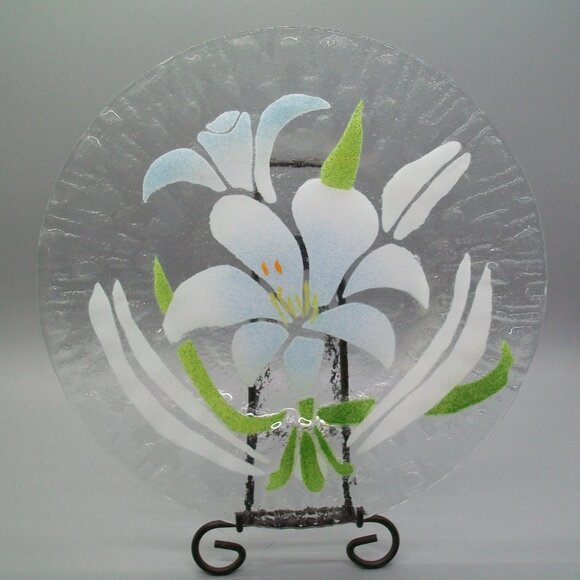 Fused Art Glass Light Blue Lily Flowers Plate Unsigned 8.5" - Picture 2 of 7